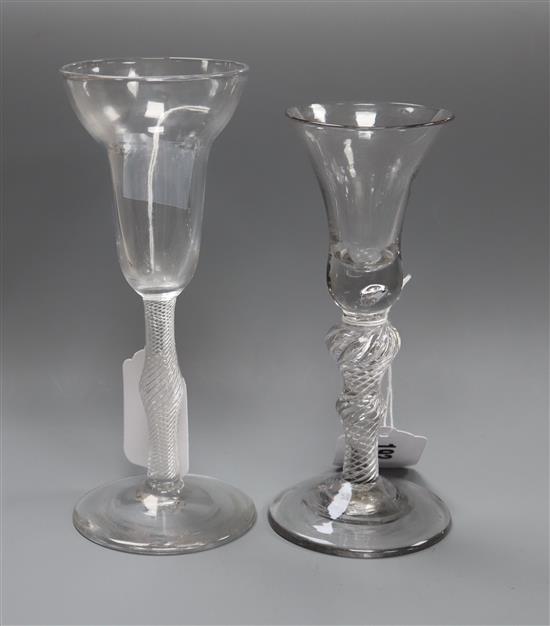 A Georgian pan top wine glass with air twist stem and another glass with bell bowl tallest 18.5cm (2)